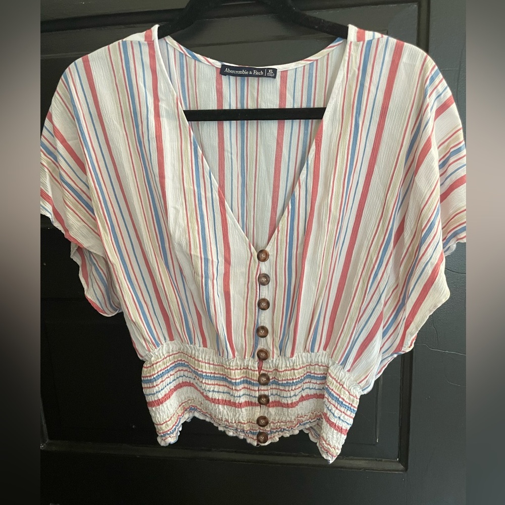 Abercrombie & Fitch Beachy Stripes Crop Top with Decorative Buttons & Shirring